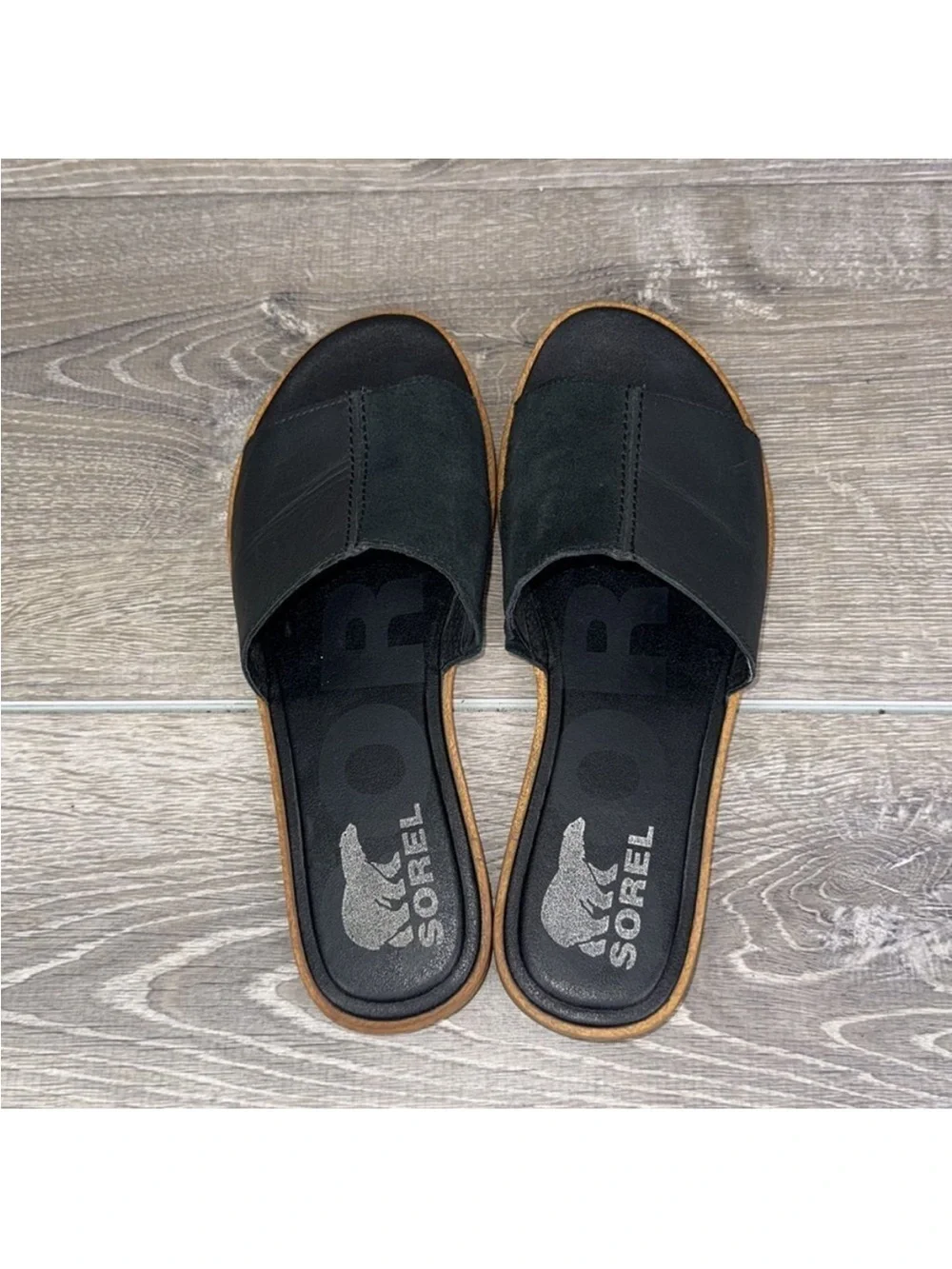 Sorel Black Slide Leather Sandals with Tan Sole